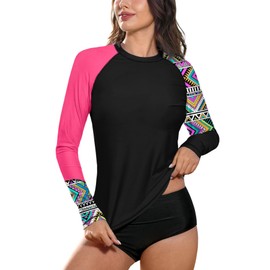 BesserBay Lady Summer Swim Swimming UPF Rashguard Sunscreen Loose Fit Uv Protection Bathing Suit Black Pink Aztec M