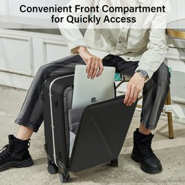 MILADA Wide Handle Luggage with Front Pocket Hardshell Aluminium Check In Suitcase with Wheels Medium 24 Inch Front Opening Checked Luggage with Spinner Wheels TSA Lock Airline Approved Luggage, Black