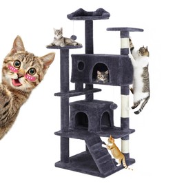 54 Inches Cat Tree Tower Condo Furniture, Multi-Level Cat Tower Condo Activity Center for Indoor Cats, Climbing Tree Cat House Padded Plush Perch, Kittens Pet Play House with Pom-pom, Pink