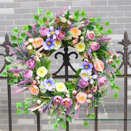 TOKCARE 26 Inch Spring Summer Wreath for Front Door with Peony Flowers, Seasonal Wreath, Artificial Decor Decorations for Outdoor, Indoors, Valentine, Wedding Pink&Purple&Green