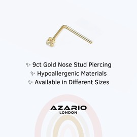 AZARIO LONDON 9K Yellow Gold Prong Set 1.5MM Round CZ Stone 22 Gauge L Bend Nose Stud Piercing