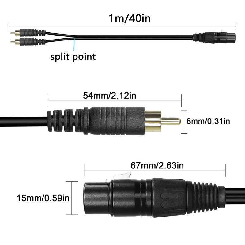 GELRHONR 3Pin XLR to 2 RCA Y Splitter Cable,Un Unbalanced