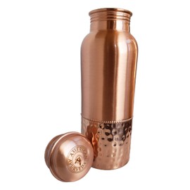 A American Ayurveda 100% Pure Copper Water Bottle 600ml 20 Oz Joint Free, Leak Proof, Tumbler, Flask, Yoga, Health Benefits, Natural Ayurvedic Alkaline Water (Copper Bottle Half Hammered 600ml)