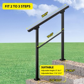 Signstek Handrails for Outdoor Steps, 3 Step Hand Rail Fit 2 or 3 Steps Outdoor Stair Railing, Metal Porch Railing, Deck Handrail, Black Wrought Iron Hand Rails kit for Concrete, Porch Steps, Upgrade