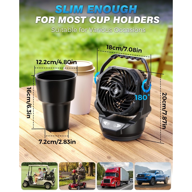 Golf Cart & Car Cup Holder Misting Fan, 900ml Leak-Proof,