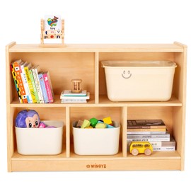 wingyz Wooden Storage Shelf Organizer, 35.4" L, 5-Section Montessori Kids Toy & Book Shelf, Solid Wood Cabinet for Kids Rooms, Playroom, Classroom, Nursery, Preschool Furniture - Nature