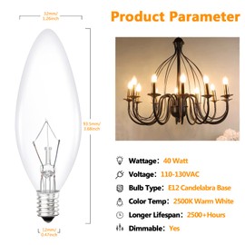 Brightever Vintage Incandescent Light Bulbs 40Watt B10 380 Lumens, Clear Dimmable E12 Edison Candelabra Lightbulbs, Decorative Candle Bulbs for Chandeliers, Ceiling Fan, 2500K Warm White 12-Pack