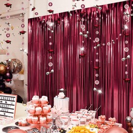 Cheerland Maroon Graduation Decorations Burgundy Tinsel Foil Fringe Curtain with Red Graduation Cap Garland for Grad Party Supplies Classroom College and High School Graduation Hat Party Décor