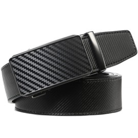 Drowsmen Belt men,leather ratchet belt 1 3/8" with Comfort Click Sliding Automatic Buckle in gift box, Adjustable belt Trim to Fit (Carbon Fiber Black Belts, 28"-34" Waist Adjustable)