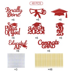 48PCS Graduation Cupcake Topper Glitter Grad Class Food Picks Congratulations Party Decoration Ideas Red