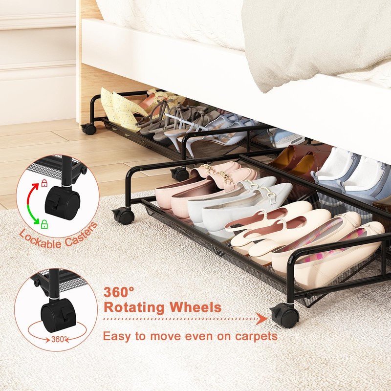 KOSIWU Under Bed Shoe Storage Organizer, Metal Mesh Under Bed
