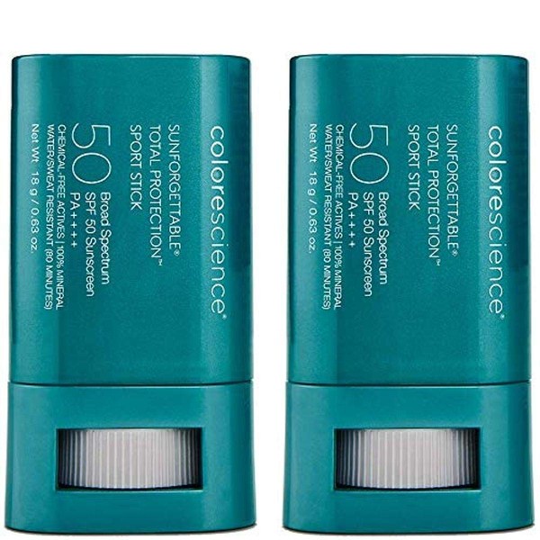 Colorescience Sunforgettable Total Protection Sport Stick SPF 50, Set of 2, Mineral, Broad Spectrum, Water/Sweat Resistant, Reef Safe, Hypoallergenic, 2 ct.