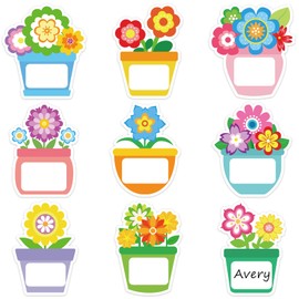 FYSUIMU Potted Floral Name Tags Back to School Flower Nameplate Stickers 9 Designs Adhesive Label Decals Bulletin Board Decoration for Classroom Office Desk Wall Decor, 135Pcs