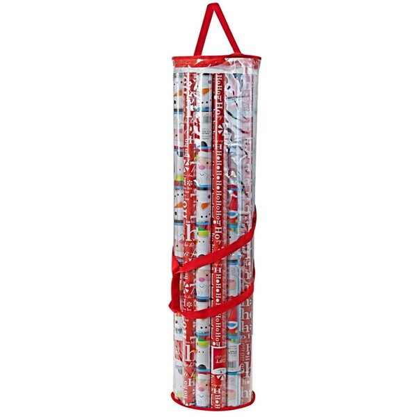 ProPik Gift Wrapping Paper Storage Organizer Bag, Store Up to 24 Rolls 40 Inch, Heavy Duty PVC Clear Bag with Handles and Zippered Top Wrap and Ribbons (Red Trimming)