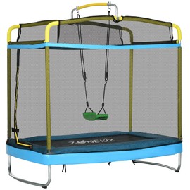 Qaba Trampoline for Kids, 6.9' Kids Trampoline with Enclosure, 3 in 1 Toddler Trampoline with Swing, Gymnastics Bar, for Indoor/Outdoor Use, Light Blue