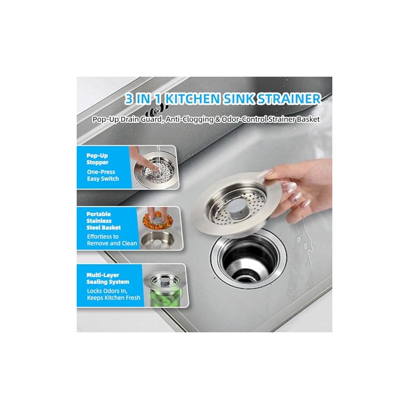 Sink Drain Strainer - Kitchen Sink Stopper, 3 In 1