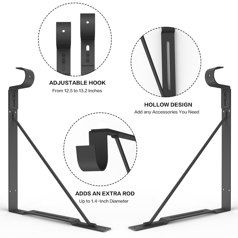 Eau Adjustable Hook Closet Rod Bracket, 4 Packs of Black