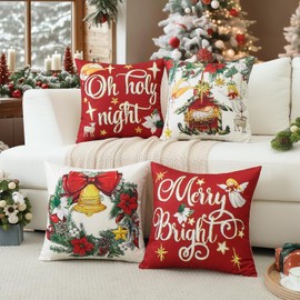 Artscope Christmas Oh Holy Night Merry Bright Jesus Wreath Throw Pillow Covers 18x18 Inch Set of 4, Winter Hoilday Christmas Decoration Pillow Cases for Home Sofa Couch Decor-Red