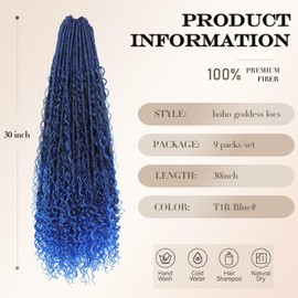 Boho Goddess Locs Crochet Hair - 9 Packs Blue Soft Locs 30 inch, Ombre Blue Boho Faux Locs Crochet with Curly Ends, Crochet Goddess Braid for Black Women, River Hair with Curls(30Inch, TBlue#)