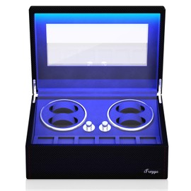 iFregga Watch Winder, 4 Mabuchi Automatic Watch Winders + 6 Extra Storage with Serenity Blue Backlight, Open Lid Stop Tech and 4 Rotation Modes, Twill Noir(AC Power)