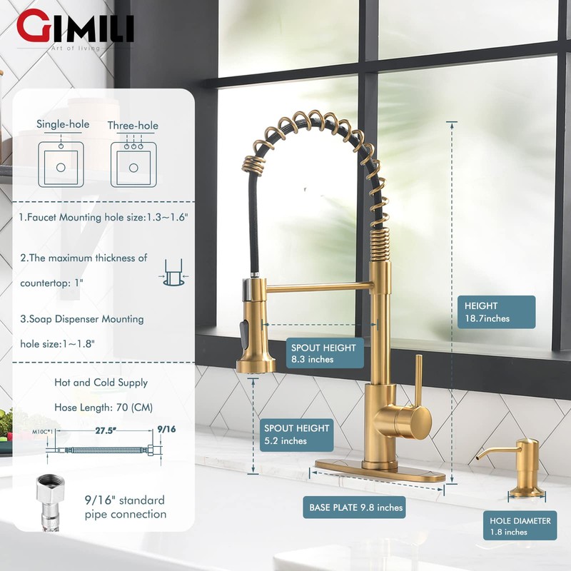 GIMILI Brushed Gold Kitchen Faucet with Soap Dispenser, Single Handle