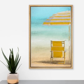 MUDECOR Framed Canvas Print Wall Art Yellow Beach Chair & Umbrella on The Sand Coastal Wilderness Illustrations Modern Art Tropical Scenic Colorful for Living Room, Bedroom, Office - 16"x24" Natural