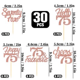 Sotpot 30PCS Happy 75th Birthday Cupcake Toppers Rose Gold Glitter 75 Fabulous Cheers to 75 Cupcake Decorations for 75th Birthday Anniversary Party Supplies