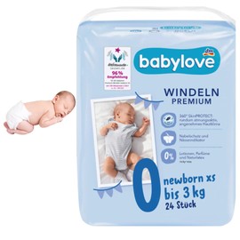 babylove Nappies Premium Extra Soft Size XS, Newborn up to 3 kg, 1 x Pack of 24