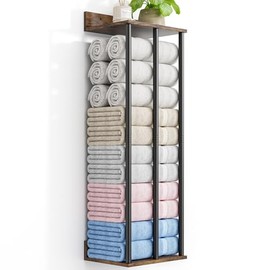 Towel Racks for Bathroom Wall Mounted with Wooden Storage Shelf, Updated 3 Bar Metal Towel Holder for Rolled Towels, Sturdy and Large Capacity, Towel Storage Organizer-Rustic