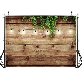 DHXXSC 7X5FT Wood Backdrops Green Plant Light String Retro Wood Backdrop Photography Studio Props Birthday Party Decoration Photo Background DH-263