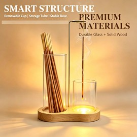 2 in 1 Incense Stick Holder with Glass Ash Collector and LED Light, Upside Down Anti-Smoke Ash Incense Burner, Modern Vertical Incense Holder for Yoga Spa Meditation Home Decor Natural Wood