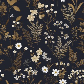 Laatse Dark Floral Wallpaper Peel and Stick 17.5" x 393" Navy Gold Leaf Wallpaper Vinyl Waterproof Self-Adhesive Boho Botanical Wall Paper Navy Blue Decor for Bathroom Bookcase Bedroom Cabinet