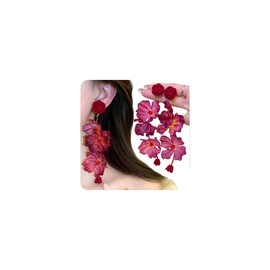 Red Rose Flower Dangle Earrings for Women Trendy Long Tassel Flower Earrings Vintage Drop Earring Flowers Pearl Earings Fabric Petal Earring Dangling Ear Rings Womens Floral Jewelry Vacation Earings