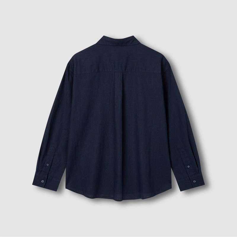 JAJU [JAJU] Soft Linen Blend Long Sleeve Shirt_Navy