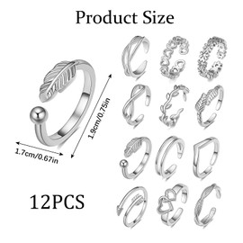 12PCS Silver Adjustable Open Rings Set for Women Girls Stackable Toe Rings Sterling Silver Thumb Finger Jewelry Heart Flower Arrow Design Summer Beach Foot Accessories Birthday Friendship Gifts