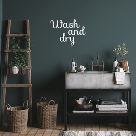 Vinyl Wall Art Decal - Wash and Dry - 16.5" x 22" - Trendy Cursive Lovely Design Quote Sticker for Home Bathroom Laundry Room Washing Space Laundry Business Storefront Decor (White)