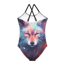 Traje de baño de una pieza para niñas, colorido traje de baño de playa de lobo, traje de baño deportivo halter, talla 3T, Lobo colorido, 9-10 Años