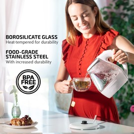 OVENTE 1.5L Glass Electric Kettle with Blue LED Light, 1100W Lighted Countertop Water Heater and Boiler for Coffee or Tea, Auto Shut-Off, Boil Dry Protection and Stainless Steel Lid, White KG845W