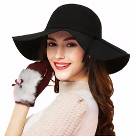 ASSQI Women's 100% Wool Foldable Wide Brim Retro Fedora Floppy Felt Bowler Hat (Black)