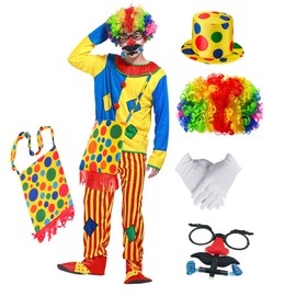 Adult Clown Costume Suit with Circus Wig Bag Hat Gloves Glasses Holloween Cosplay Costumes Outfit Party Dress up Set (Green Vertical Stripe)