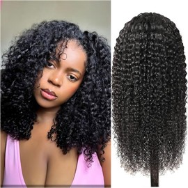 V Part Wig Human Hair Kinky Curly U Part Wig for Women Jerry Curly Glueless Upgrade Clip in Half 180% Density No Leave Out No Sew in Natural Color 16Inch