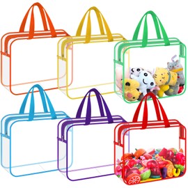 WWmily 6 Pack Zipper Toy Storage Bags with Handles 11.8x8.6x3.9 Inch Clear Storage Bags PVC Waterproof Toiletry Bags Toy Organizing Bags for Building Blocks Puzzle (6 Colors)