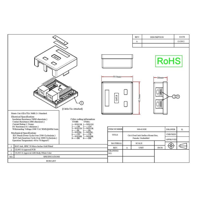 Cat6 1 Port Surface Mount Box, RJ45 Unshielded Female Port,