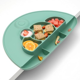 PrimaStella Silicone Placemat for Toddlers - Divided Toddler Plate, Suction Placemat and Food Catcher All-in-one (Green)