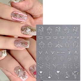 6 Sheets Star Nail Art Stickers 3D Glitter Shiny Nail Decals Self-Adhesive Heart Nail Stickers Nail Art Supplies Silver Gold Stickers Nail Accessories for Women Girls Acrylic Manicure Decorations