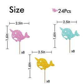 24PCS Narwhal Cupcake Toppers, Sea Animal Cupcake Toppers, Narwhal Cupcake Picks for Baby Shower, Under The Sea Themed Birthday Party Decoration - Blue&Pink Glitter