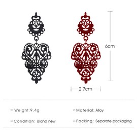KaFu 2 pairs Bohemian Filigree Chandelier Hollow Lace Pattern Earrings Lightweight Moroccan Style Floral Geometric Dangling Drop Earrings Statement jewelry for Women (black+red)