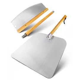 Pizza Cutter Rocker Style & Pizza Peel Set - 14" Large Pizza Metal Slicer Sharp Knife Blade Chopper with 14" x 16" Heavy Duty Pizza Paddle Board Pan with Wood Handle - Premium Oven Baking Accessories