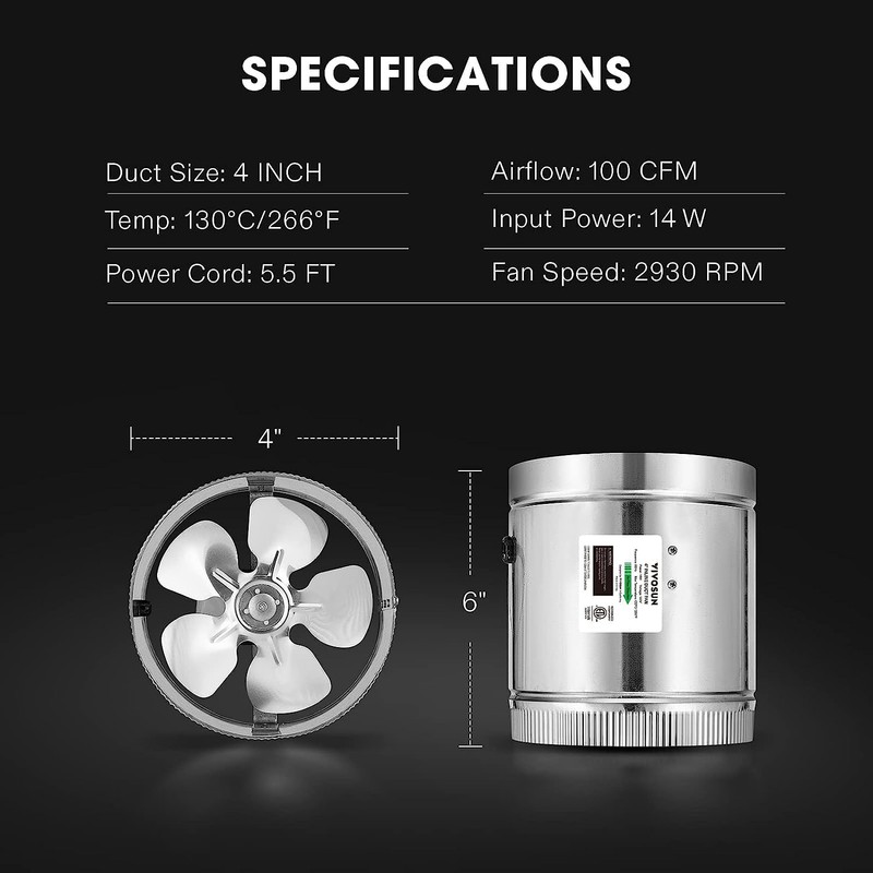VIVOSUN 4 Inch Inline Duct Fan 100 CFM, HVAC Exhaust