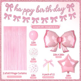 Pink Bow Birthday Decorations for Adults and Women, 44Pcs Pink Decorations with Balloons Cupcake Toppers Banner Fringe Curtains for Bow Themed Coquette Birthday Decorations